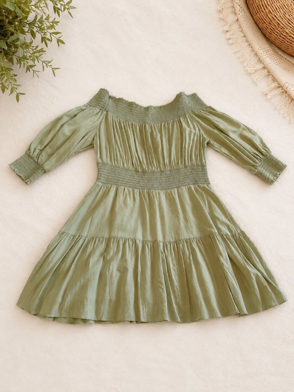 Gianni Bini Sage Green Smocked Off-Shoulder Mini Dress | Medium